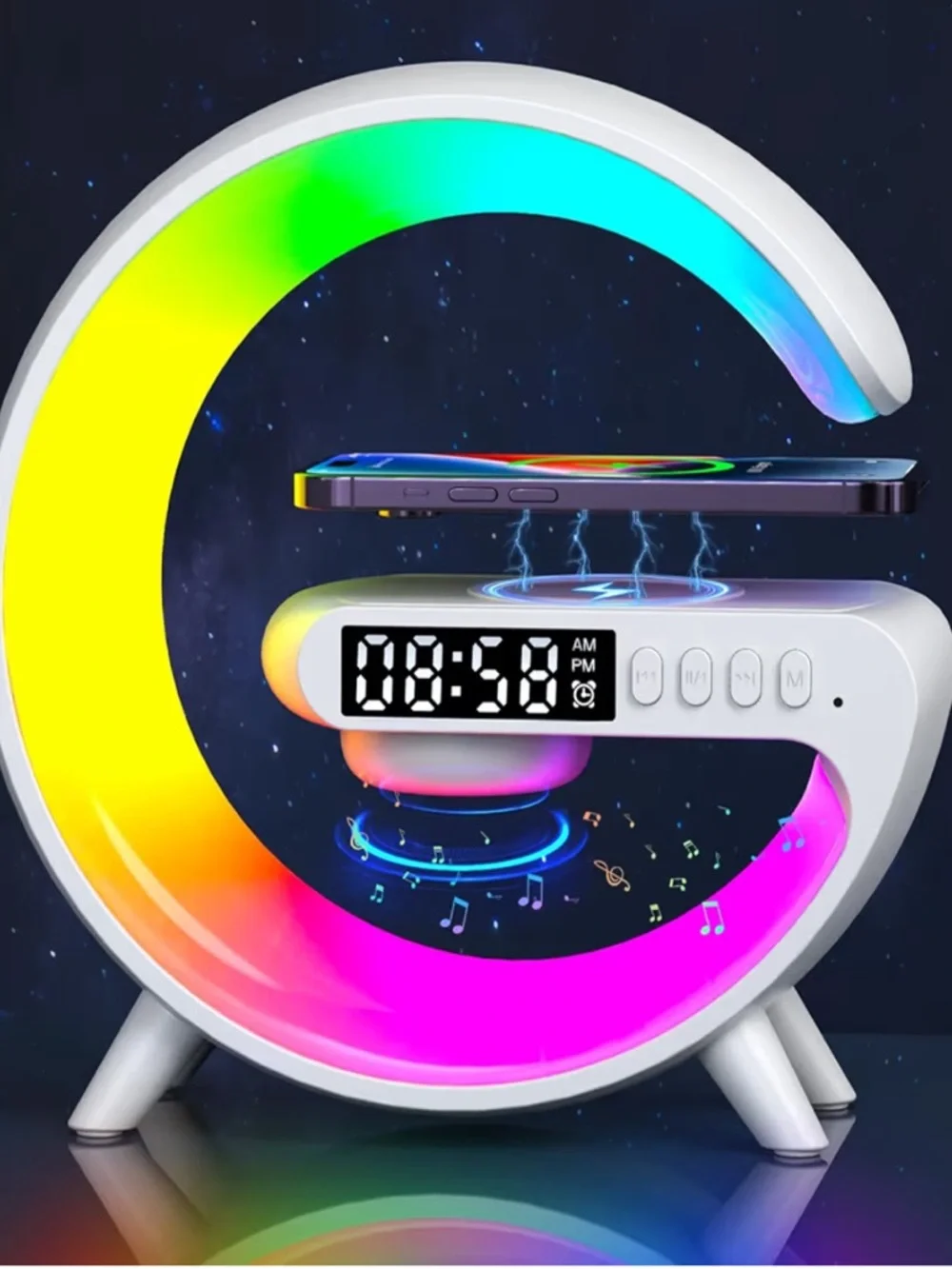 LED RGB C-Shaped Desk Lamp with Digital Clock & Wireless Charging